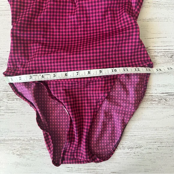 VINTAGE 80s Gingham High Cut Bow One Piece Swimsuit Dunkis of New York Hot Pink - Picture 13 of 14